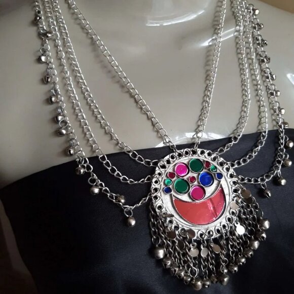 Ethnic Multilayers Bib Necklace, Tribal Silver Bib Necklace, Kuchi Boho Jewelry - Picture 2 of 6